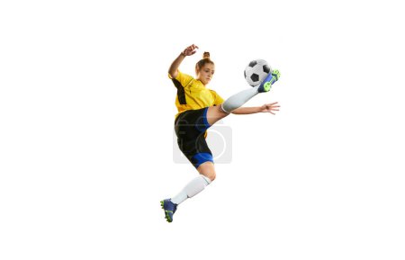 Photo for Goalkeeper. Young professional female football, soccer player in motion, training, playing isolated over white background. Concept of sport, action, motion, goals, competition and hobby, ad. - Royalty Free Image