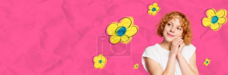 Photo for Creative colorful design. Modern art collage. Tendeer, beautiful, redhead young woman over bright pink background with floral print. Concept of holiday, womens day, beauty. Poster, ad. Banner, flyer - Royalty Free Image