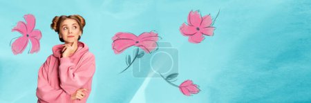 Foto de Creative colorful design. Modern art collage. Tende young girl in pink hoodie over blue background with flowers. Dreams. Concept of holiday, womens day, beauty. Poster, ad. Banner, flyer - Imagen libre de derechos