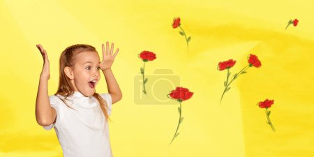 Téléchargez les photos : Creative colorful design. Modern art collage. Emotive, happy, little girl, child over bright yellow background with flowers. Concept of holiday, womens day, beauty. Poster, ad. Banner, flyer - en image libre de droit