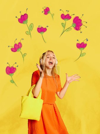 Téléchargez les photos : Creative colorful design. Modern art collage. Cheerful young girl in cute orange dress posing over yellow background with flowers. Concept of holiday, womens day, beauty. Poster, ad - en image libre de droit