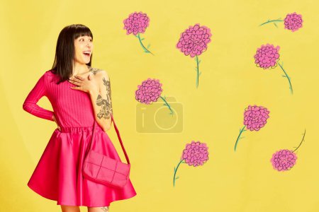 Téléchargez les photos : Creative colorful design. Modern art collage. Emotive, beautiful young girl in pink clothes posing over bright yellow background with flowers. Concept of holiday, womens day, beauty. Poster, ad - en image libre de droit