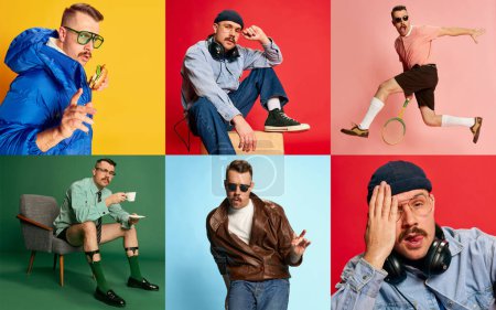 Foto de Collage. Portraits of handsome emotional man posing in different clothes over multicolored background. Concept of leisure time, hobby, emotions, lifestyle, facial expression, fun. Ad - Imagen libre de derechos