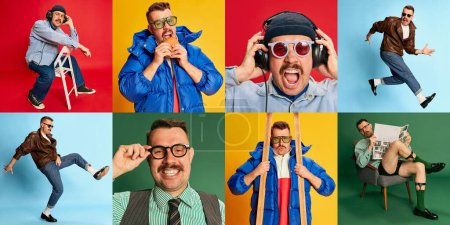 Téléchargez les photos : Collage. Portraits of handsome emotional man posing in different clothes over multicolored background. Concept of leisure time, hobby, emotions, lifestyle, facial expression, fun. Ad - en image libre de droit