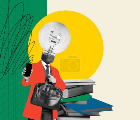 Photo for Contemporary art collage. Conceptual design. Man with light bulb head pointing on phone screen, standing behind books symbolizing professional education. Concept of business, career development - Royalty Free Image