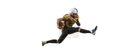 Foto de Active game, in a run. Man, american football player in motion, training over white studio background. Match training. Concept of sport, movement, achievements, competition, hobby, lifestyle - Imagen libre de derechos
