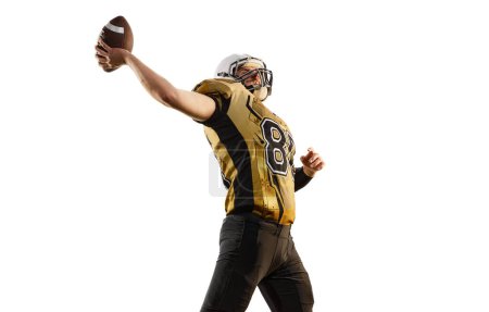 Photo for Proud sportsman. Winner. Man, american football player in motion, training over white studio background. Concept of sport, movement, achievements, competition, hobby. Copy space for ad - Royalty Free Image