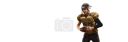 Photo for Champion. Man, american football player in uniform posing with ball over white studio background. Concept of sport, movement, achievements, competition, hobby. Copy space for ad. Banner, flyer - Royalty Free Image