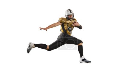 Foto de Holding ball and running. Man, american football player in motion, training over white studio background. Concept of sport, movement, achievements, competition, hobby. Copy space for ad - Imagen libre de derechos