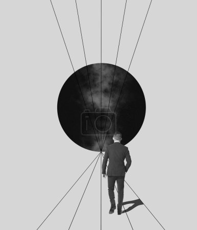 Photo for Contemporary art collage. Motivated man, employee on way to black hole symbolizing taking professional risks. Surreal artwork. monochrome. Concept of business, extraordinary vision, abstraction - Royalty Free Image
