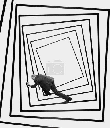 Foto de Contemporary art collage. Holographic labyrinth. Man pushing hypnotic blocks symbolizing working circulation. Surreal artwork. monochrome. Concept of business, extraordinary vision, ideas, abstraction - Imagen libre de derechos