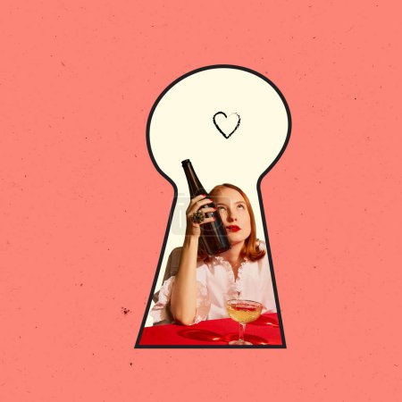Foto de Contemporary art collage. Creative design. Beautiful young girl sitting with champagne bottle in keyhole on red background. Love affairs. Conept of secrets, lifestyle, peeping. Copy space for ad - Imagen libre de derechos