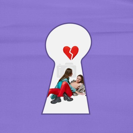Photo for Contemporary art collage. Creative design. Keyhole peeping. Two young girls suffering from broken heart. LGBT love. Conept of secrets, information, lifestyle, relationship. Copy space for ad - Royalty Free Image