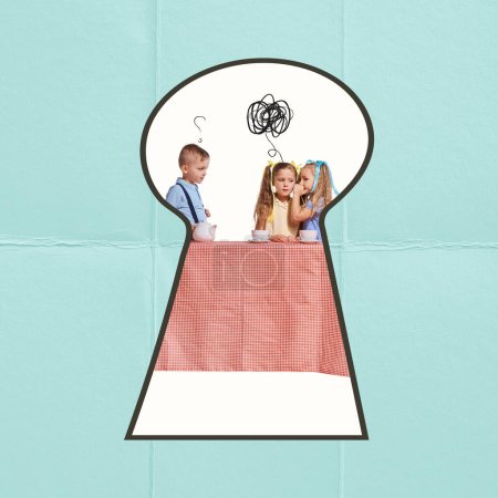 Photo for Contemporary art collage. Creative design. Little children, kids playing together in the kitchen. Looking inside keyhole. Conept of secrets, childhood, lifestyle, peeping. Copy space for ad - Royalty Free Image