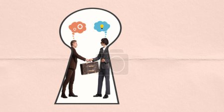 Photo for Contemporary art collage. Creative design. Businessmen shaking hands meaning company cooperation. Keyhole look. Conept of secrets, information, lifestyle, peeping. Copy space for ad. Banner - Royalty Free Image