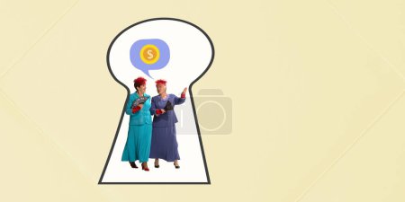 Photo for Contemporary art collage. Creative design. Stylish, senior women walking to bank, discussing life. Keyhole look. Conept of secrets, information, lifestyle, peeping. Copy space for ad. Banner - Royalty Free Image