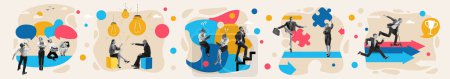 Foto de Contemporary art collage. Conceptual flyer. Working process. People, employees of different departments doing tasks. Concept of business, career development, teamwork, success, growth - Imagen libre de derechos
