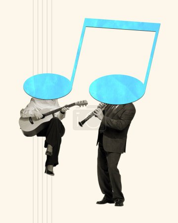 Téléchargez les photos : Contemporary art collage. Man and woman playing guitar and clarinet with big treble clef instead head. Empty space for text. Concept of vintage retro style, surrealism, imagination, ad. - en image libre de droit
