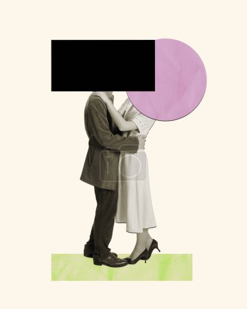 Foto de Contemporary art collage. Man and woman with blank space for text instead head dancing over light background. Relationship. Concept of vintage retro style, surrealism, imagination, ad. - Imagen libre de derechos