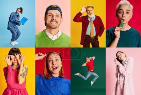 Foto de Collage made of different emotoinal people of various age posing over multicolored background. Education, work and hobby. Concept of emotions, facial expresion, youth, lifestyle. - Imagen libre de derechos