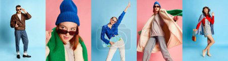 Foto de Collage made of different stylish models, young man and women posing over multicolored background. Fun, joy, pleasure. Concept of emotions, facial expresion, youth, lifestyle, hobby - Imagen libre de derechos