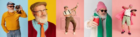 Photo for Collage. Portraits of emotional, stylish senior man posing in different clothes on multicolored background. Modern style, hobby and occupation. Concept of emotions, facial expresion, youth, lifestyle. - Royalty Free Image