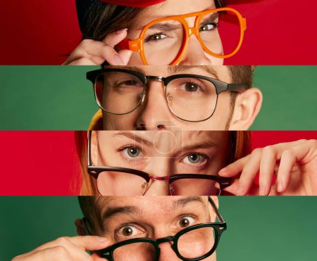 Téléchargez les photos : Collage. Cropped image of human eyes in glasses emotionally looking at camera over multicoloured background. Narrow horizontal stripes. Concept of emotions, facial expresion, youth, lifestyle. - en image libre de droit