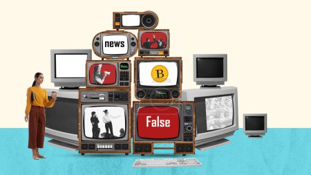 Contemporary artwork. Conceptual design. Set of retro TV screens showing fake business news. Financial information. Concept of creativity, mass media influence, information, propaganda. Retro design