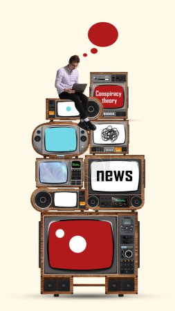 Contemporary art collage. Conceptual design. Man working on laptop, sitting on set of retro TV screens. Fake news. Concept of creativity, mass media influence, information, propaganda. Retro design
