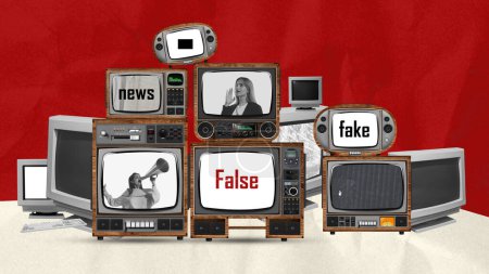 Photo for Contemporary art collage. Conceptual design. Set of retro TV and computer screens showing fake news, disinformation. Concept of creativity, mass media influence, information, propaganda. Retro design - Royalty Free Image