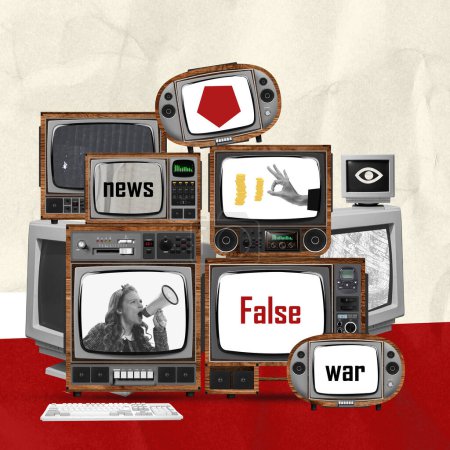 Photo for Contemporary art collage. Conceptual design. Set of retro TV screen showing fake news about war. Propaganda and disinformation. Concept of creativity, mass media influence, information. Retro design - Royalty Free Image