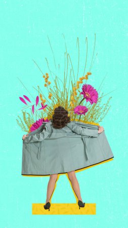 Photo for Creative colorful design. Modern art collage. Woman celebrating female holiday, receiving flowers. Celebration, 8th of march. Concept of holiday, womens day, beauty. Copy space for ad - Royalty Free Image