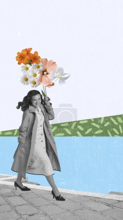 Foto de Creative colorful design. Modern art collage. Happy, smiling, beautiful young woman walking with flowers, bouquet. Happiness. Concept of holiday, womens day, beauty. Copy space for ad - Imagen libre de derechos