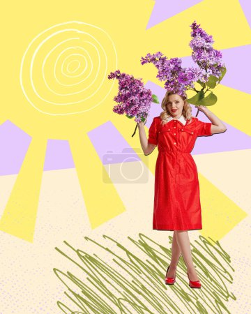 Photo for Creative colorful design. Modern art collage. Beautiful young woman walking with lilac flowers in warm summer day. Delightful. Concept of holiday, womens day, beauty. Copy space for ad - Royalty Free Image