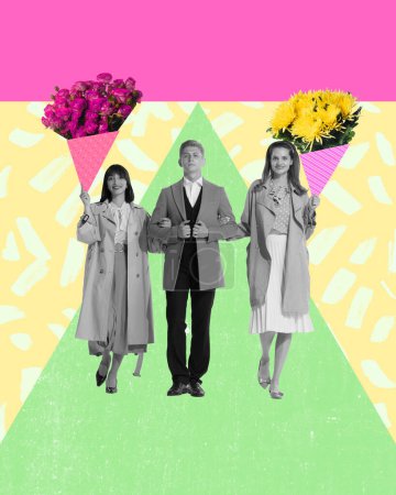 Téléchargez les photos : Creative colorful design. Modern art collage. Man walking with two beautiful women with giant flower bouquets. Celebration. Concept of holiday, womens day, beauty. Copy space for ad - en image libre de droit