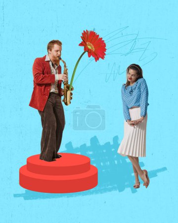 Foto de Creative colorful design. Modern art collage. Man playing saxophone with flower in front of beautiful young woman. 8th of March concert Concept of holiday, womens day, beauty. Copy space for ad - Imagen libre de derechos