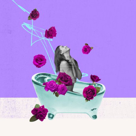 Téléchargez les photos : Creative colorful design. Modern art collage. Young tender woman taking bath with roses, flowers. Relaxation, comfort, pleasure. Concept of holiday, womens day, beauty. Copy space for ad - en image libre de droit