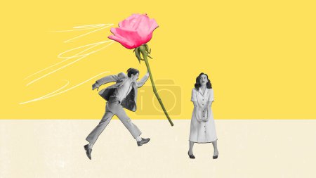 Téléchargez les photos : Creative colorful design. Modern art collage. Young man running to give beautiful woman flower over yellow background. Romance. Concept of holiday, womens day, beauty. Copy space for ad - en image libre de droit