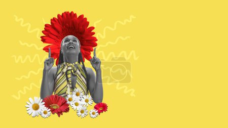 Photo for Creative colorful design. Modern art collage. Happy, smiling young woman with flowers over head and body on yellow background. Concept of holiday, womens day, beauty. Copy space for ad - Royalty Free Image