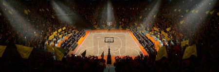 Photo for Aerial view. 3D model of empty basketball arena, court, playground for game competition, championship. Stadium full of sport fans with flags cheering up. Concept of sport, action, motion. Ad, poster - Royalty Free Image
