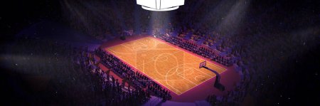 Téléchargez les photos : Aerial view. 3D model of empty basketball arena, court, playground for sport competition, championship. Stadium full of sport fans attending game. Concept of sport, action, motion. Ad, poster - en image libre de droit