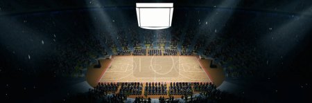Téléchargez les photos : Aerial view. 3D model of empty basketball arena, court, playground for basketball game competition, championship. Stadium full of sport fans cheering up before game. Concept of sport. Ad, poster - en image libre de droit