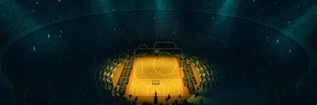 Téléchargez les photos : Aerial view. 3D model of empty basketball arena, court, playground in spotlight. Game competition, championship. Stadium full of sport fans. Concept of sport, action, motion. Ad, poster - en image libre de droit