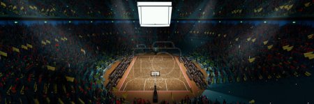 Photo for Aerial view. 3D model of empty basketball arena, court, playground for game competition, championship. Lively crowd of sport fans attending game. Concept of sport, action, motion. Ad, poster - Royalty Free Image