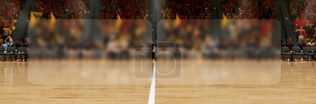 Téléchargez les photos : 3D model of empty basketball arena, court, playground for game competition, championship. Stadium full of sport fans. Blurred space for text. Concept of sport, action, motion. Ad, poster - en image libre de droit