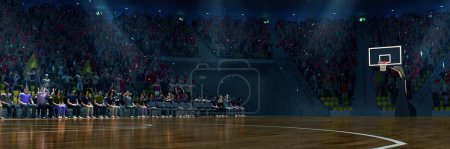 Photo for Dark 3D model of empty basketball arena, court, playground under spotlight for basketball game competition, championship. Stadium full of sport fans. Concept of sport, action, motion. Ad, poster - Royalty Free Image