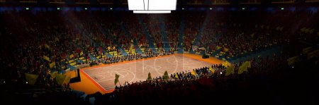 Téléchargez les photos : Aerial view. 3D model of empty basketball arena, court, playground in spotlights for game competition, championship. Stadium full of sport fans. Concept of sport, action, motion. Ad, poster - en image libre de droit