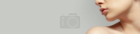 Foto de Cropped image of young female face, chin, plump lips and nose over grey background. Plastic surgery, cosmetological skin care. Concept of cosmetics, natural beauty. Banner, flyer. Copy space for ad - Imagen libre de derechos