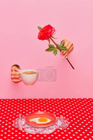 Photo for Food pop art photography. Female hand sticking out pink paper with coffee cup, rose flower. Fried eggs for breakfast. Concept of taste, creativity, art. Complementary colors. Copy space for ad, text - Royalty Free Image