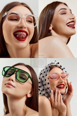 Foto de Collage. Sensuality and femininity. Young beautiful girl posing with different accessories, glasses and head scarf over grey background. Concept of natural beauty, youth, fashion, wellness, makeup. - Imagen libre de derechos